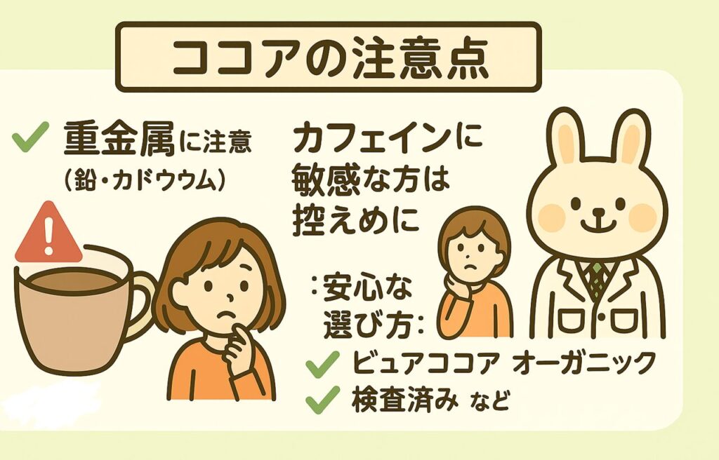 ココアの注意点をまとめた図解イラスト。左側に「重金属に注意（鉛・カドミウム）」と書かれたマグカップと警告マーク、中央に「カフェインに敏感な方は控えめに」と不安そうなすずちゃん、右側に「安心な選び方：ピュアココア・オーガニック・検査済みなど」とみどりんのイラスト。やさしい配色で、リスクと対策をわかりやすく伝えている。